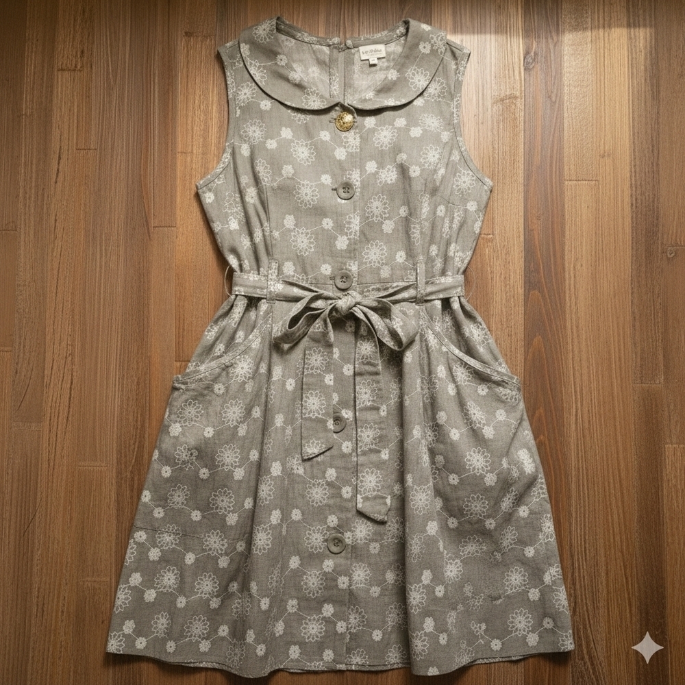 Mlle Gabrielle Floral Cotton Midi Dress Sage Green Large Cottagecore Button Up - Picture 3 of 16